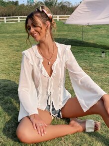 Áo sơ mi nữ Thắt nút Xù cắt màu trơn Giải trí - trắng - Xem 3