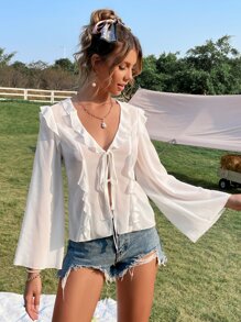 Áo sơ mi nữ Thắt nút Xù cắt màu trơn Giải trí - trắng - Xem 4