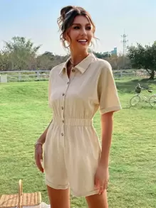 紋理質感蝙蝠袖彈性腰帶反摺褲腳襯衫連體短褲 - 卡其色 - 查看 6