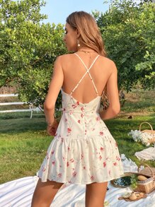 Floral Print Crisscross Backless Ruffle Hem Belted Chiffon Bustier Cami Dress - Beige - View 2