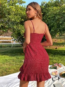 Polka Dot Print Knot Front Ruffle Trim Wrap Bustier Cami Dress - Burgundy - View 2
