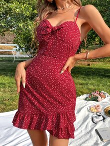 Polka Dot Print Knot Front Ruffle Trim Wrap Bustier Cami Dress - Burgundy - View 3