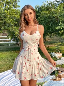 Floral Print Crisscross Backless Ruffle Hem Belted Chiffon Bustier Cami Dress - Beige - View 4