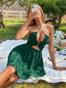 提花鏤空後背繫帶掛脖連衣裙 - 墨綠色 - 查看 1