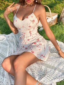 Floral Print Crisscross Backless Ruffle Hem Belted Chiffon Bustier Cami Dress - Beige - View 5