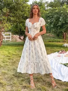 Đầm viền lá sen Viên lá sen Hoa Tất cả trên in Boho - trắng - Xem 1