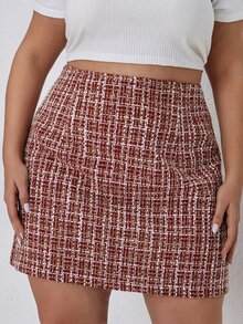 大碼高腰格紋粗花呢半身裙 - 紅白色 - 查看 2