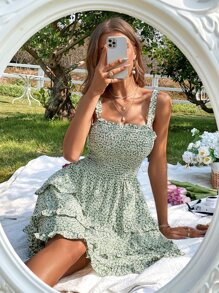 GENKIRA 隨機碎花打褶多層下擺吊帶連衣裙 - 薄荷綠 - 查看 5