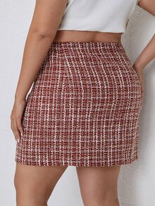 大碼高腰格紋粗花呢半身裙 - 紅白色 - 查看 3