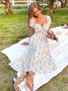Đầm viền lá sen Viên lá sen Hoa Tất cả trên in Boho - trắng - Xem 6