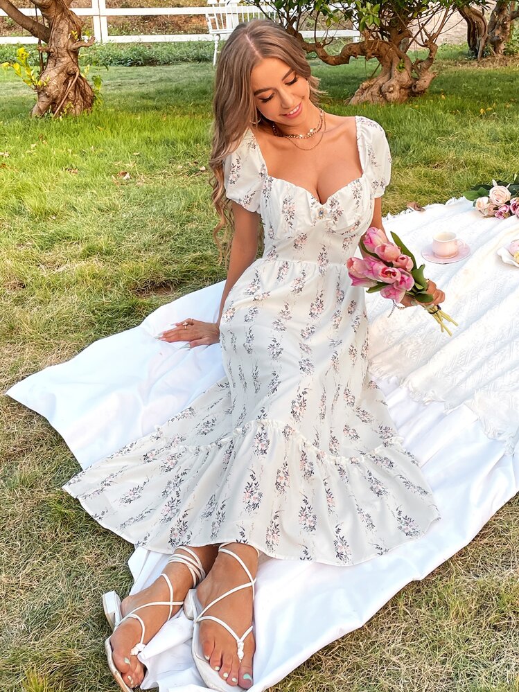 GENKIRA Vestido floral escote corazón - Blanco - Añade 6