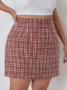 大碼高腰格紋粗花呢半身裙 - 紅白色 - 查看 4