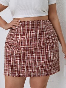 大碼高腰格紋粗花呢半身裙 - 紅白色 - 查看 5