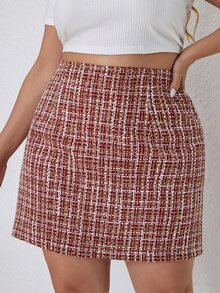 大碼高腰格紋粗花呢半身裙 - 紅白色 - 查看 6