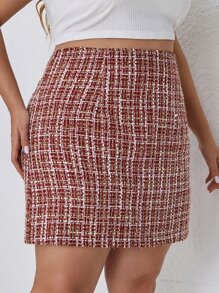 大碼高腰格紋粗花呢半身裙 - 紅白色 - 查看 1