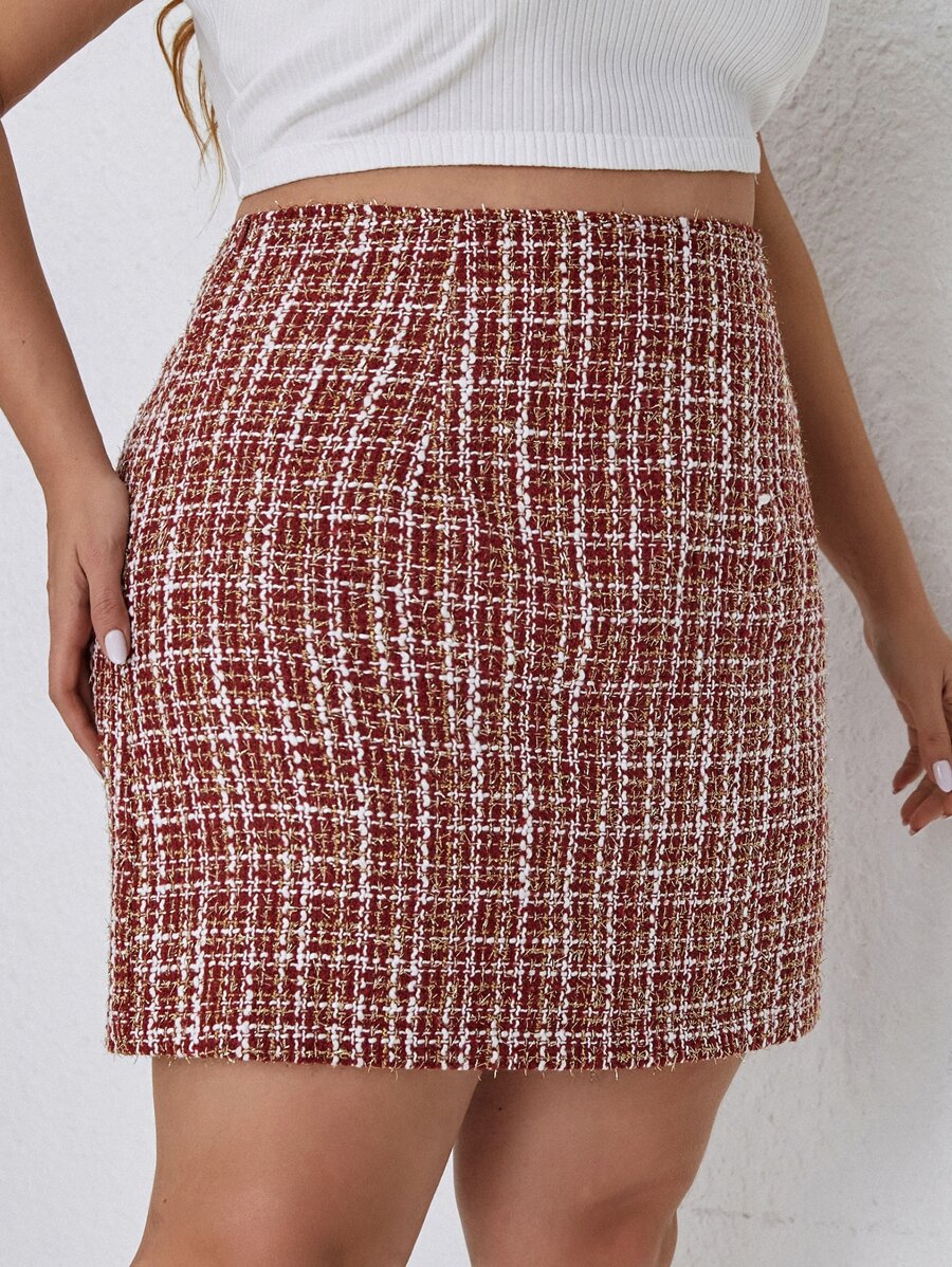 大碼高腰格紋粗花呢半身裙 - 紅白色 - 查看 1