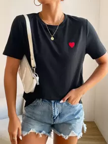 EURMUSE Heart Embroidery Round Neck Tee - Black - View 3