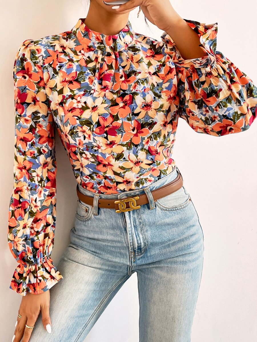 SHEIN Frenchy 印花荷葉袖小高領襯衫 - 彩色 - 查看 1