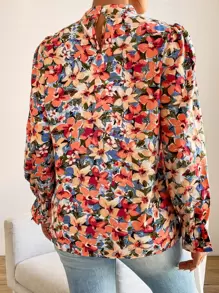 SHEIN Frenchy 印花荷葉袖小高領襯衫 - 彩色 - 查看 2