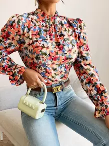 SHEIN Frenchy 印花荷葉袖小高領襯衫 - 彩色 - 查看 5