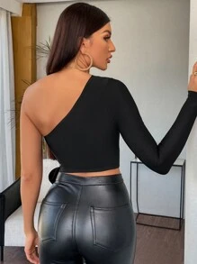 SHEIN Privé 單肩側繫帶短款上衣 - 黑色 - 查看 2