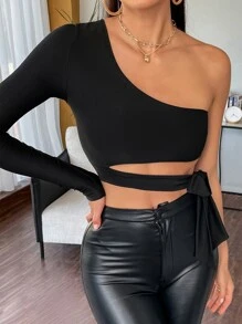 SHEIN Privé 單肩側繫帶短款上衣 - 黑色 - 查看 7