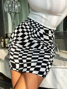 SHEIN SXY Falda ajustada de talle alto con estampado geométrico de color combinado - Blanco y Negro - Ver 6