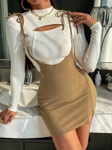 SHEIN Essnce Váy nữ Chia màu trơn Gợi cảm - Màu Khaki - Xem 3