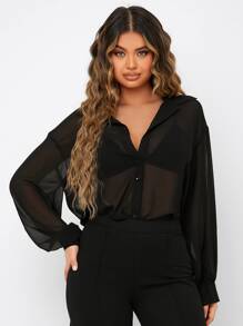 SHEIN SXY Knot Sheer Drop Shoulder Chiffon Shirt Going Out Tops - Black - View 4