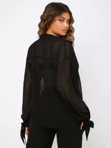 SHEIN SXY Knot Sheer Drop Shoulder Chiffon Shirt Going Out Tops - Black - View 2