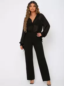 SHEIN SXY Knot Sheer Drop Shoulder Chiffon Shirt Going Out Tops - Black - View 3