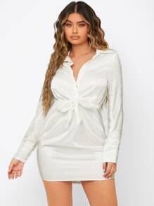 SHEIN Allover Dalmatian Print Knot Front Shirt Dress - White - View 1