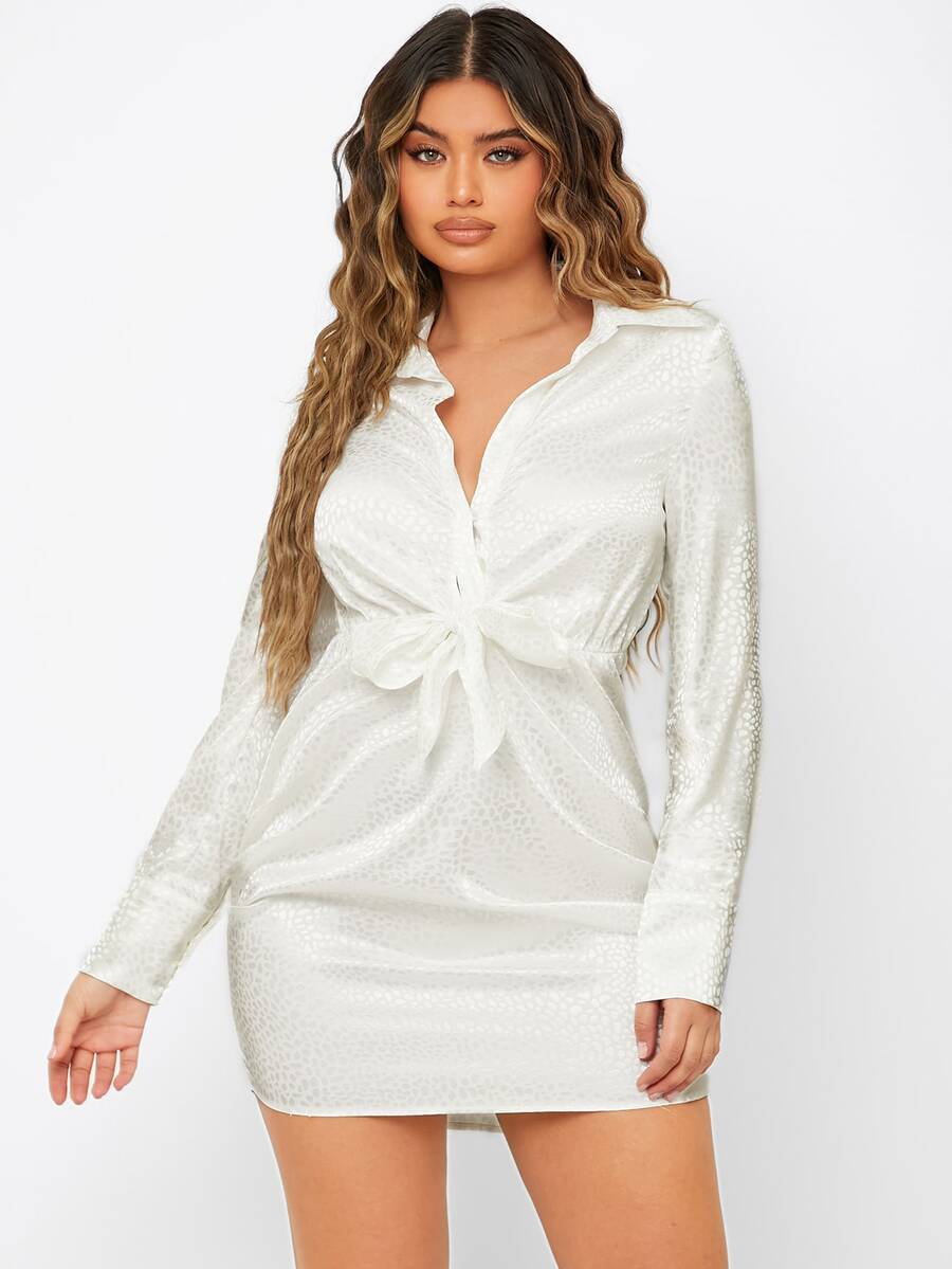 SHEIN Allover Dalmatian Print Knot Front Shirt Dress - White - View 1