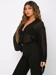 SHEIN SXY Knot Sheer Drop Shoulder Chiffon Shirt Going Out Tops - Black - View 5