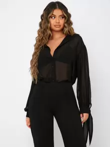 SHEIN SXY Knot Sheer Drop Shoulder Chiffon Shirt Going Out Tops - Black - View 1