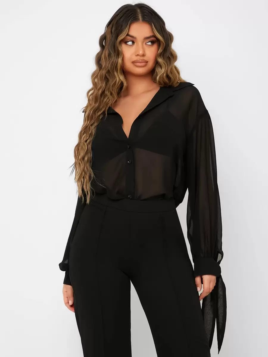 SHEIN SXY Knot Sheer Drop Shoulder Chiffon Shirt Going Out Tops - Black - View 1