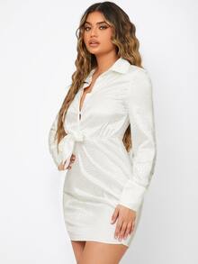 SHEIN Allover Dalmatian Print Knot Front Shirt Dress - White - View 3