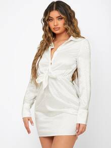 SHEIN Allover Dalmatian Print Knot Front Shirt Dress - White - View 5