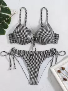 SHEIN Swim 夏季海滩格纹比基尼套装蝴蝶结前部带钢圈聚拢文胸和低腰下装 2 件套比基尼 - 黑與白 - 查看 4