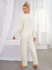 SHEIN Polka Dot Drop Shoulder Bow Front PJ Set / Pajama Set White Set, Fall Winter Clothes Cozy And Elegant Details - White - View 2