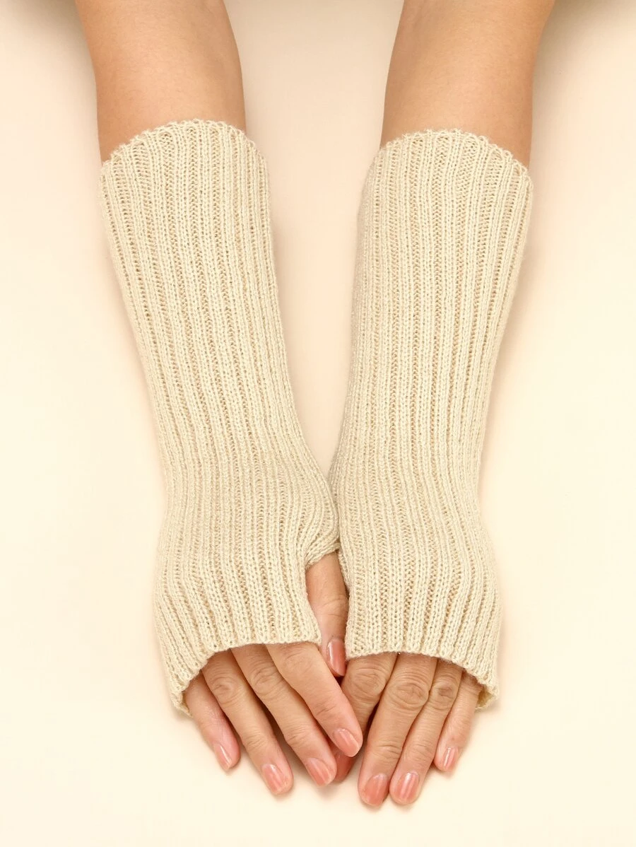 1pair Women's Knitted Striped Fingerless Short Gloves, Casual And Versatile For Daily And Party Use - Beige - View 1