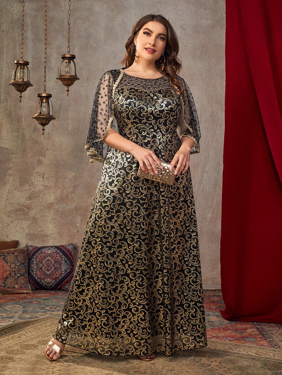 SHEIN Belle Váy lưới đính hạt giả ngọc trai in họa tiết toàn thân tương phản - Nhiều màu - Xem 1