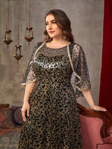 SHEIN Belle Váy lưới đính hạt giả ngọc trai in họa tiết toàn thân tương phản - Nhiều màu - Xem 3