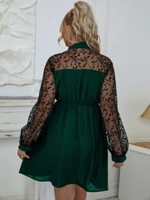 大碼拼接植物網紗燈籠袖繫帶領連衣裙 - 墨綠色 - 查看 2