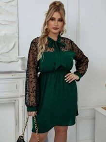 大碼拼接植物網紗燈籠袖繫帶領連衣裙 - 墨綠色 - 查看 3