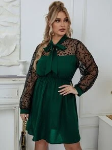 大碼拼接植物網紗燈籠袖繫帶領連衣裙 - 墨綠色 - 查看 5