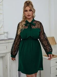 大碼拼接植物網紗燈籠袖繫帶領連衣裙 - 墨綠色 - 查看 6