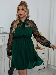 大碼拼接植物網紗燈籠袖繫帶領連衣裙 - 墨綠色 - 查看 7