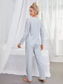 Striped & Slogan Graphic Bow Front PJ Set / Pajama Set Holiday Season, Fall Winter Clothes - Light Grey - View 2