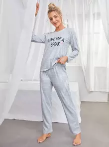 Striped & Slogan Graphic Bow Front PJ Set / Pajama Set Holiday Season, Fall Winter Clothes - Light Grey - View 3